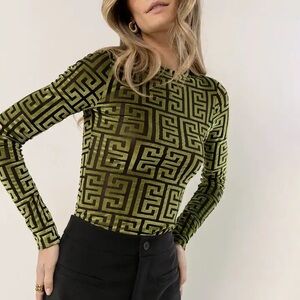 Bohme Velvety Sheer Long Sleeve Top in Black and Green